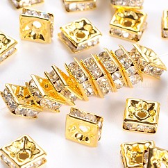 Brass Rhinestone Spacer Beads, Grade A, Square, Nickel Free, Golden, Crystal, 6x6x3mm, Hole: 1mm