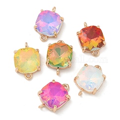 Brass Pave Faceted Glass Square Connector Charms, Cadmium Free & Nickel Free & Lead Free, Light Gold, Mixed Color, 18.5x12x6mm, Hole: 1.6mm