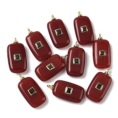 Dyed Natural White Jade Pendants, Rectangle Charms with Brass Micro Pave Cubic Zirconia Findings, Long-Lasting Plated, Rack Plating, Real 18K Gold Plated, Cadmium Free & Lead Free, Dark Red, 30~30.5x14.5~15x6~7mm, Hole: 2.5mm