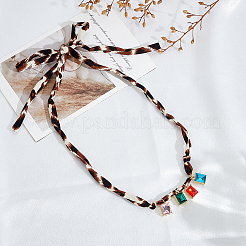 カラフルなガラスペンダント付き合金ポリエステルカラーノットタイネックレス（女性用）  ゴールドカラー  長方形  36.22インチ（92cm）&nbsp;NJEW-SP0001-17B