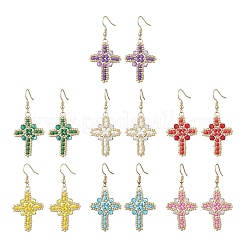 7 Pairs 304 Stainless Steel Glass Seeds Cross Dangle Earrings&nbsp;EJEW-MZ00506