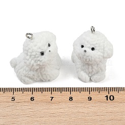 フロッキー樹脂ペンダント  犬  プラチナ鉄ループ付き  ホワイト  29.5x21x27.5mm  穴：2mm&nbsp;FIND-A052-06J