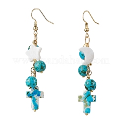 304 Stainless Steel Synthetic Turquoise Cross with Moon & Star Dangle Earrings&nbsp;EJEW-JE06516-02