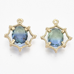 ツートングラスペンダント  真鍮パーツ  多面カット  オーバル  ライトゴールド  アクアマリン  17.5~18.5x15.5~17x4.5mm  穴：1.2mm&nbsp;X-GLAA-T021-18B