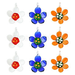 3個の手作りランプワークペンダント  花  ホワイト  41~42.5x31.5~32.5x14~15.5mm  穴：5mm&nbsp;LAMP-YW0001-90