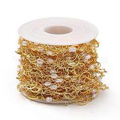 真鍮製のスター&ムーンリンクチェーン  ABSプラスチック模造パールビーズ付き  ハンダ付け  スプールで  18KGP本金メッキ  13.5x3mm  8x8x0.5mm  10x6x0.5mm&nbsp;CHC-A006-02G