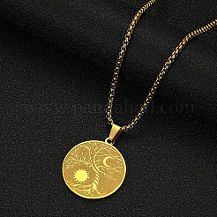Stainless Steel Viking Moon Sun Tree of Life Flat Round Pendant Box Chain Necklaces&nbsp;PW-WG93B99-02