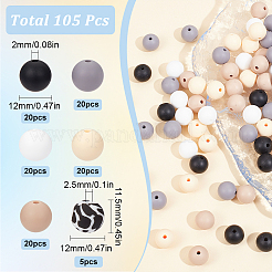 6 スタイルの食品グレードの環境に優しいシリコン ビーズ  印刷  ラウンド  ミックスカラー  12x11.5~12mm  穴：2~2.5mm  105個/袋&nbsp;SIL-SC0001-63