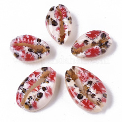 プリントされた天然のカウリーシェルビーズ  穴なし/ドリルなし  花柄  レッド  18~25x12~15x7mm&nbsp;SSHEL-R047-01-C06