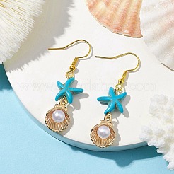 女性用合成ターコイズダングルイヤリング  合金エナメルヒトデペンダントとプラスチックビーズ付き  47x13mm&nbsp;EJEW-JE05800
