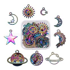 18個9スタイルレインボーカラーアロイペンダント  カドミウムフリー＆ニッケルフリー＆鉛フリー  ムーン  スターとムーン  月と太陽とフラットラウンド  太陽のチャーム  惑星  12~29x11~32x1.5~3mm  穴：1.6~2mm  2個/スタイル&nbsp;FIND-LS0001-18MC