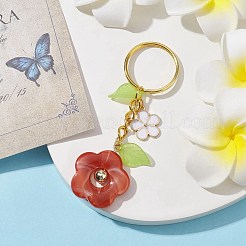 花のアクリル天然石風ペンダントキーホルダー  合金エナメルチャームと鉄分割キーリング付き  ファイヤーブリック  8cm&nbsp;KEYC-JKC00692-02