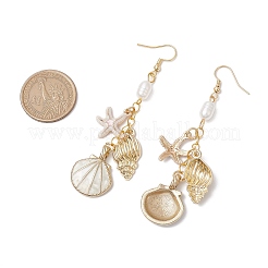 合金エナメルダングルピアス  アクリル模造パールビーズ付き  シェル形状  ゴールドカラー  85.5x24.5mm&nbsp;EJEW-JE06220