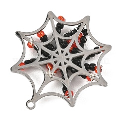 ハロウィン201 ステンレススチール＆ガラスシードビーズペンダント  蜘蛛と蜘蛛の巣のチャーム  天然ブラックオニキスを使用  ステンレス鋼色  32x30x3mm  穴：1.6mm&nbsp;PALLOY-MZ01397