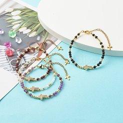 女の子の女性のためのクロスキュービックジルコニアビーズブレスレット  天然石＆真鍮ビーズブレスレット  ゴールドカラー  7-5/8インチ（19.5cm）&nbsp;BJEW-JB06848