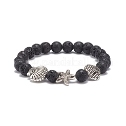 2 個 2 スタイル天然溶岩 & 合成ターコイズ ラウンド ビーズ ストレッチ ブレスレット セット  女性のための合金シェルとヒトデのブレスレット  内径：2-1/8インチ（5.3~5.35cm）  1個/スタイル&nbsp;BJEW-JB08585