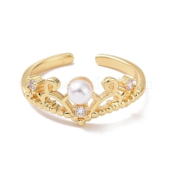 Clear Cubic Zirconia Crown Open Cuff Ring with Acrylic Pearl Beaded&nbsp;RJEW-P032-14G