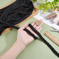 5ヤードのポリエステルレースリボン  プラスチック製の模造真珠とガラスのシードビーズ付き  洋服アクセサリー用  ブラック  1/2インチ（14mm）&nbsp;OCOR-ME0001-65A
