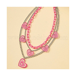 Acrylic Pink Glitter Heart Pendant 304 Stainless Steel Chain 3 Layer Necklaces for Women&nbsp;FS-WG9B734-01