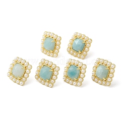Ion Plating(IP) Natural Amazonite Square Stud Earrings with Plastic Pearl Beaded&nbsp;EJEW-E599-03G-01