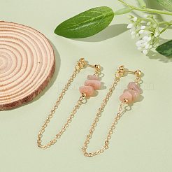 女性のための天然サンストーンチップビーズダングルスタッドピアス  チェーンドロップピアス  ゴールド  65x2mm  ピン：0.7mm&nbsp;EJEW-TA00028-02