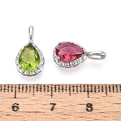 真鍮&キュービックジルコニアペンダント  ティアドロップチャーム  プラチナメッキ  15x8x4.5mm  穴：3.5x2mm&nbsp;KK-T073-33P