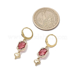 ガラスフレンチフックピアス  304ステンレススチールフレンチフックピアス金具  ハートを付きの矩形  ゴールドカラー  ピンク  36x9mm&nbsp;EJEW-JE06397-05