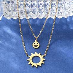 304 Stainless Steel Sun and Smiling Face Pendant Double Layer Necklaces for Women&nbsp;NJEW-A045-14G