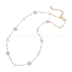 Synthetic Blue Lace Agate Star & Natural Freshwater Pearl & Brass Link Chain Necklaces&nbsp;NJEW-JN05687-02