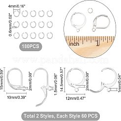 120個 2スタイル 304ステンレススチール フレンチフックピアス金具  180個のオープン丸カン付き  ステンレス鋼色  14.5~15x10~12x2mm  穴：1~1.5mm  60個/スタイル&nbsp;STAS-UN0038-45
