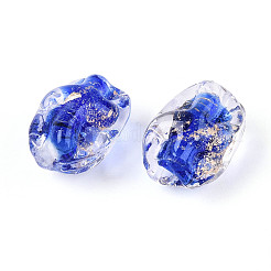 手作りのゴールド＆シルバーの箔ガラスビーズ  ナゲット  藤紫色  12.5~14x10~11x9~10mm  穴：1.2~1.4mm&nbsp;FOIL-N030-02C