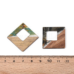 不透明な樹脂とクルミ材のペンダント  菱形チャーム  グリッターパウダー付き  ミックスカラー  36.5x36.5x3.5mm  穴：2mm&nbsp;RESI-T060-52M