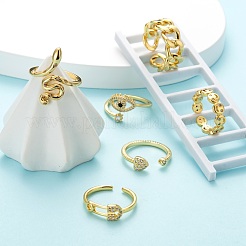 6Pcs 6 Styles Adjustable Brass Micro Pave Clear Cubic Zirconia Cuff Rings&nbsp;RJEW-LS0001-29G