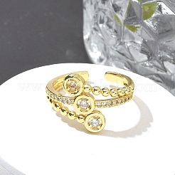 真鍮マイクロペーブクリアキュービックジルコニアカフリング  女性用フラットラウンドリング  ゴールドカラー  13mm  内径: 調節可能&nbsp;RJEW-M029-02G