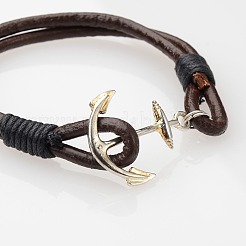 合金ブレスレット  ワックスドコットンコード付き牛革レザーコード  アンカー＆舵  銀色のメッキ  190mm&nbsp;BJEW-PJB846-1