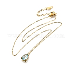 304ステンレスネックレス  キュービックジルコニアティアドロップチャーム付き  18KGP本金メッキ  淡いターコイズ  長さ16.22インチ(41.2cm)+64mmエクステンダー&nbsp;NJEW-R022-01G-03