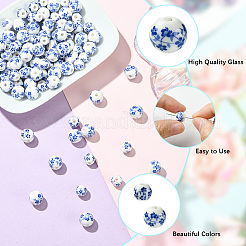 100個 2スタイル ハンドメイドフラワープリント磁器セラミックビーズ  ラウンド  ブルー  8~10.5mm  穴：2mm  50個/スタイル&nbsp;PORC-LT0001-11