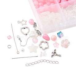 DIYのピンクのイヤリング作成キット  スター＆ポリゴン＆フラワー＆イミテーションパールアクリル＆ガラス＆プラスチックビーズを含む  ちょう結び＆キー合金ペンダント  真鍮のピアスフック  プラチナ  600個/セット&nbsp;DIY-FS0004-78