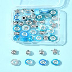 DIY チベット スタイル 合金 & 樹脂 ヨーロッパ ビーズ 作成 ファインディング キット  ディープスカイブルー  7~14x8~13.5x7~13.5mm  穴：4.5~5mm  45個/セット&nbsp;DIY-FS0006-78F