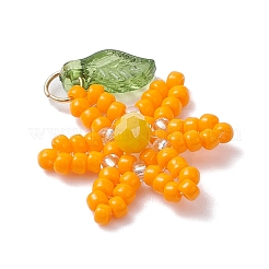 ガラスシードビーズの花のペンダント  アクリルリーフビーズと304ステンレススチールの丸カン付き  オレンジ  21.5x17.5x5mm  穴：3mm&nbsp;PALLOY-TA00345-02