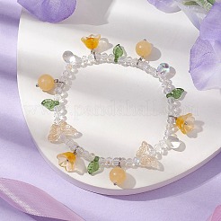 Dyed Natural Topaz Jade & Glass Beaded Stretch Bracelet with Flower Charms&nbsp;BJEW-JB10176-03