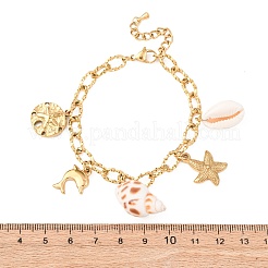イルカとヒトデの304ステンレススチール製チャームブレスレット（女性用）  カウチシェル付き  イオンプレーティング（ip）  18KGP本金メッキ  6-7/8インチ（17.4cm）&nbsp;BJEW-F516-01G