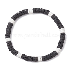 Natural Lava Rock & White Shell Flat Round Beads Stretch Bracelets for Men&nbsp;BJEW-JB12462-01
