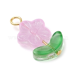 ガラスチャーム  花  金色の鉄のループで  ミックスカラー  24x14x4.5mm  穴：2.5mm&nbsp;PALLOY-JF03302