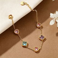 304 Stainless Steel Pave Colorful Cubic Zirconia Rhombus Heart Link Bracelets for Women&nbsp;WG7C819-01