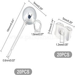 304ステンレススチールボールスタッドピアスポスト20個  ループ付きラウンドイヤリングのパーツ  20個の鉄製イヤナット/ピアスバックキャッチ  銀  16x5mm  穴：1.8mm  ピン：0.8mm&nbsp;FIND-UN0001-12