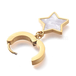 304ステンレススチール製ハギーフープピアス  ナチュラルホワイトシェル  スター  ゴールドカラー  31mm  ピン：1mm&nbsp;EJEW-O098-11G