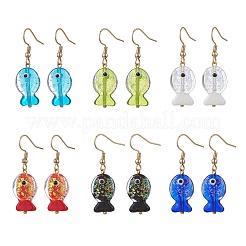 ハンドメイドのホイルランプワークの魚のダングルイヤリング6組  ゴールドカラー  ミックスカラー  40.5x13mm&nbsp;EJEW-JE06651