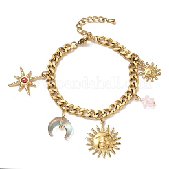 304ステンレススチールアクリルチャームブレスレット  女性用キューバンリンクチェーンブレスレット  太陽と月と星  ゴールドカラー  6-3/4インチ（17cm）&nbsp;BJEW-G761-01G