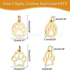 24個2スタイル304ステンレススチールペンダント  犬の足のプリントとフラットラウンド  ゴールデン·ステンレス鋼色  13~14x12x1mm  穴：4mm  6個/カラー&nbsp;STAS-UN0032-32